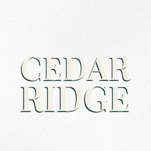 The image displays the words "Cedar Ridge" in large white letters on a black background.
